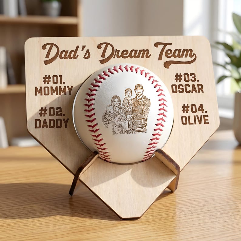 Baseball display case wood engraved with "Daddy's Dream Team", a sentimental baseball dad gift from kids.