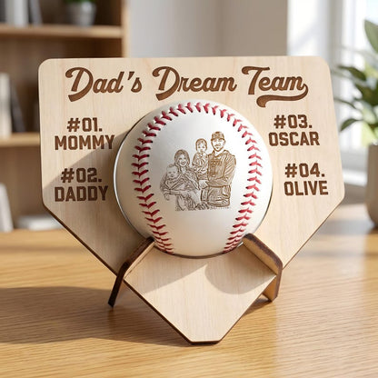 Baseball display case wood engraved with "Daddy's Dream Team", a sentimental baseball dad gift from kids.