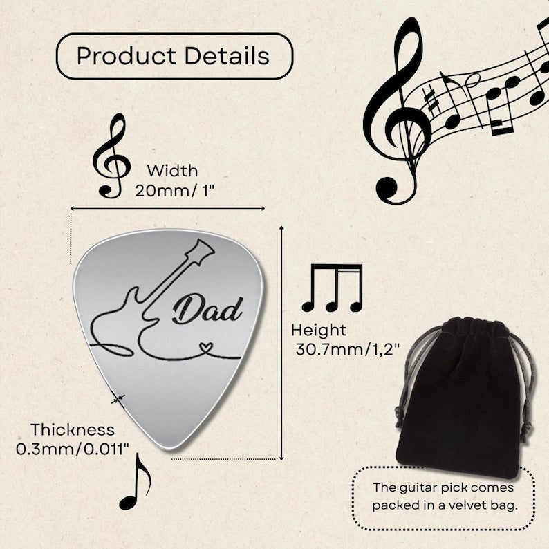 Laser engraved guitar picks making perfect music gifts for a guitar dad.