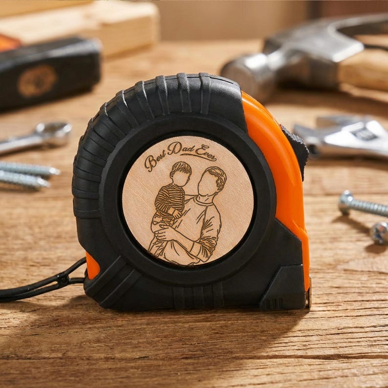 Personalized photo tape measure with custom engraving, a sentimental tape measure dad gift from the family.