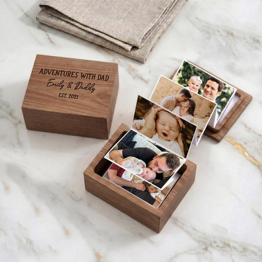 Personalized Father's Day wooden photo box, a unique engraved photo box and custom photo box gift.