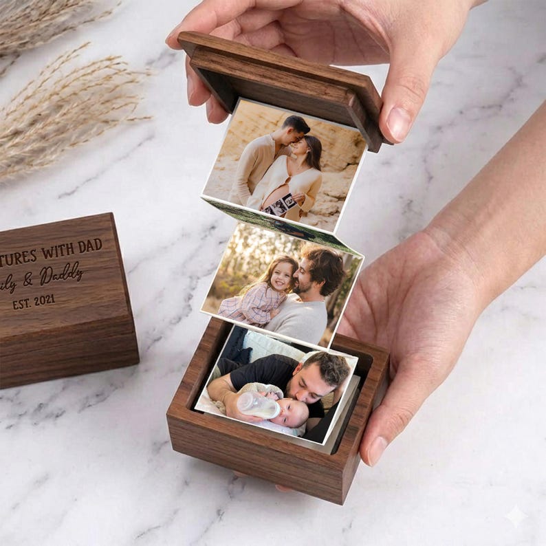 Pull out photo album box with custom engraving, the perfect first Fathers Day gifts for a new dad.