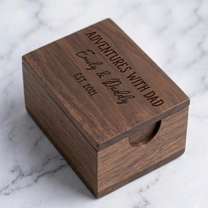 Father's day gift from son and daughter featuring a personalized pull out photo album in a wooden box.