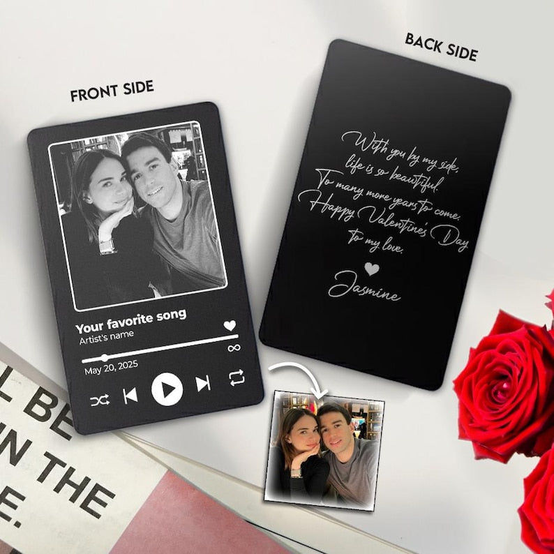 A close-up of a personalized metal wallet card, the Personalized Favorite Song Card is a romantic alternative to handwritten gifts.