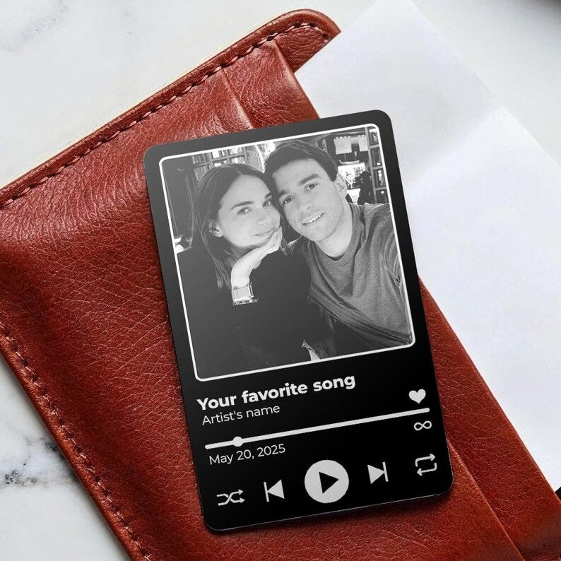The perfect Valentine's gift for him, this Personalized Favorite Song Metal Wallet Card is a durable engraved wallet insert.