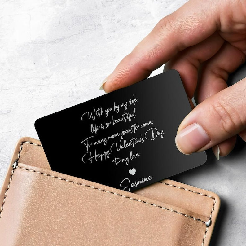 Custom metal wallet card, the Personalized Favorite Song Metal Wallet Card is a beautiful example of engraved Valentine's day gifts.