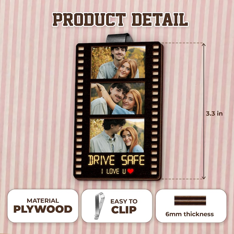 A close-up of the Personalized Film Strip Photo Car Visor Clip, featuring a custom photo design for unique car accessories gifts.