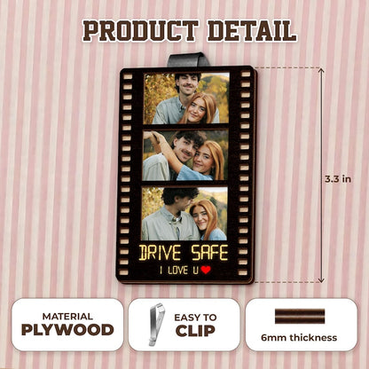 A close-up of the Personalized Film Strip Photo Car Visor Clip, featuring a custom photo design for unique car accessories gifts.