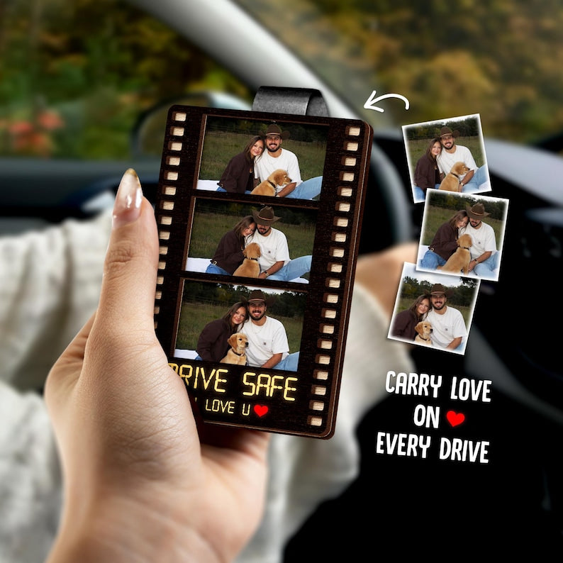 An elegant film strip photo frame, the Personalized Film Strip Photo Car Visor Clip is a unique personalized car visor clip.