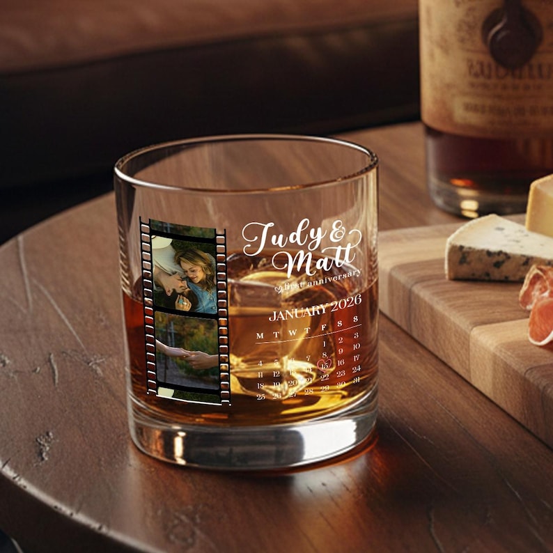 This custom printed glassware featuring a film strip photo frame is an ideal couple Valentine's gift for any occasion.