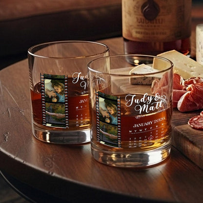 A close-up of a custom bourbon glass with a personalized film strip design for unique custom whiskey glasses.
