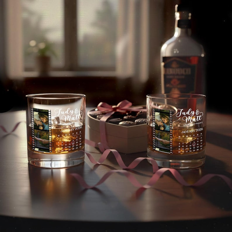 This couple whiskey glass, a Personalized Film Strip Photo Whiskey Glass, makes a great romantic gift for him.