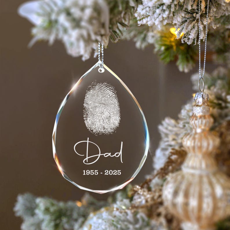 Close-up of a memorial fingerprint ornament, this Personalized Dad Remembrance Teardrop Glass Ornament is a cherished memorial ornament.