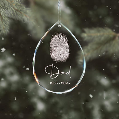 The ideal sympathy gift for loss of father, this Personalized Fingerprint Dad Remembrance Teardrop Glass Ornament is a custom teardrop ornament.