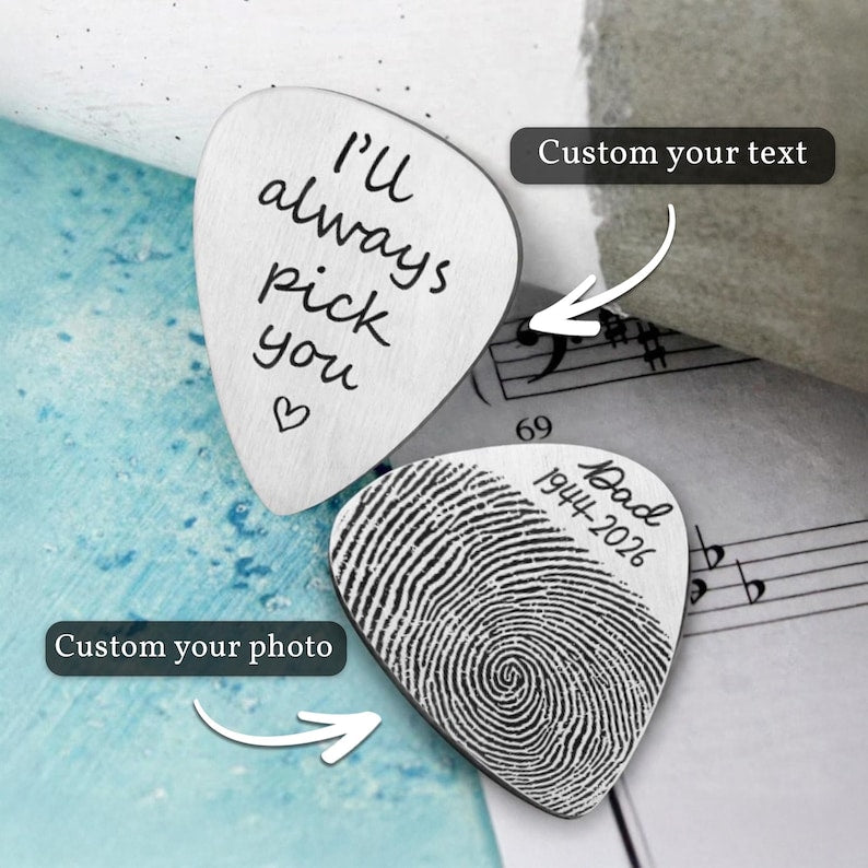 Durable laser engraved guitar pick, providing a beautiful way to carry memorial remembrance gifts.