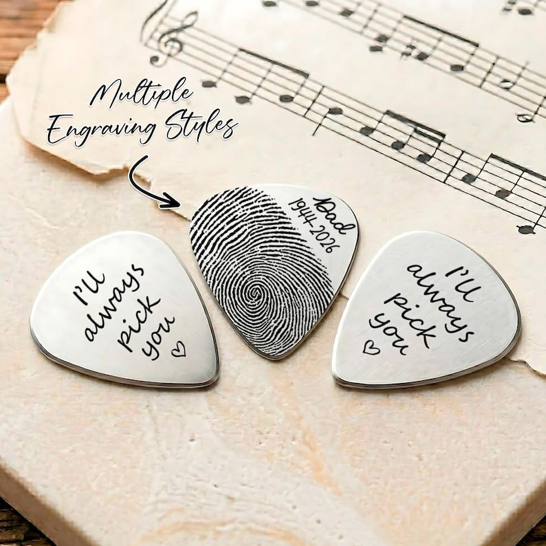 Customized guitar plectrum with a fingerprint, perfect for a dad who plays guitar or collects picks.