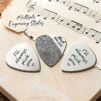 Customized guitar plectrum with a fingerprint, perfect for a dad who plays guitar or collects picks.