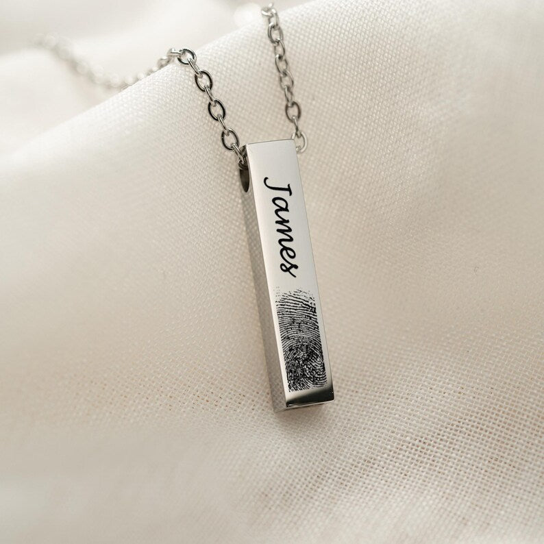 The ideal personalized memorial necklace, this Personalized Fingerprint Urn Bar Necklace features a custom fingerprint.