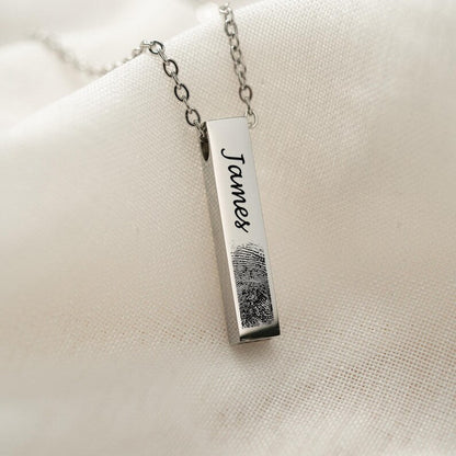 The ideal personalized memorial necklace, this Personalized Fingerprint Urn Bar Necklace features a custom fingerprint.