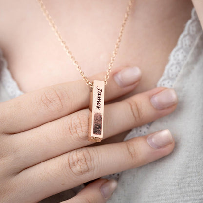A custom Personalized Fingerprint Urn Bar Necklace, a beautiful sympathy gift and personalized memorial necklace.