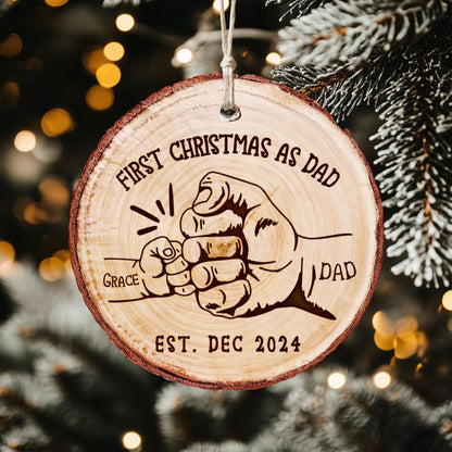 A Personalized First Christmas As Dad Wooden Ornament, a perfect engraved Christmas ornament and gift for new dads.