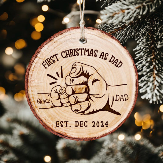 A Personalized First Christmas As Dad Wooden Ornament, a perfect engraved Christmas ornament and gift for new dads.
