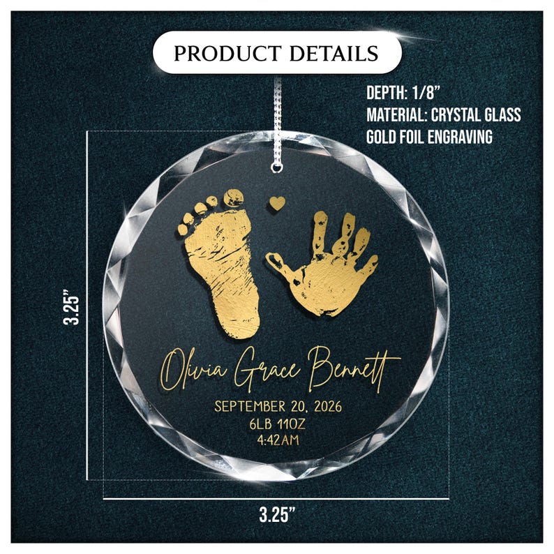 A custom Personalized First Christmas Glass Ornament, a beautiful newborn Christmas ornament and lasting birth announcement ornament.