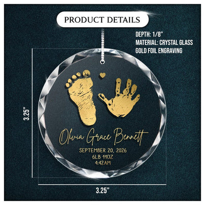 A custom Personalized First Christmas Glass Ornament, a beautiful newborn Christmas ornament and lasting birth announcement ornament.