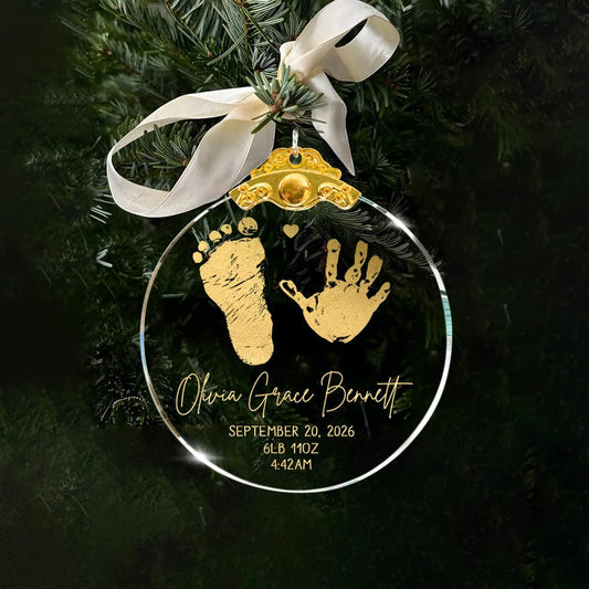 The ideal baby shower gifts, this Personalized First Christmas Glass Ornament is a custom newborn Christmas ornament.