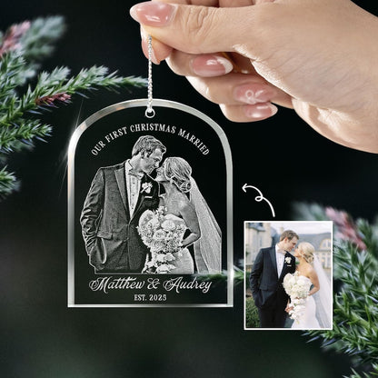 A Custom First Christmas Married Ornament, a beautiful wedding ornament and ideal marriage gift for newlyweds.