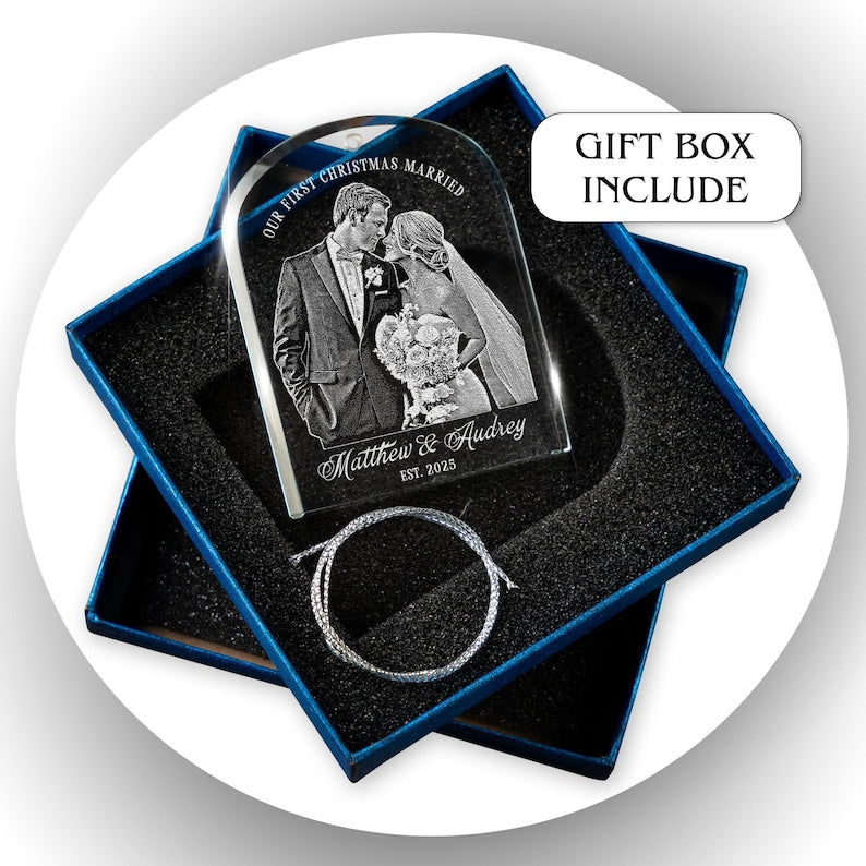This Personalized Couple Photo Christmas Ornament serves as a perfect Mr. and Mrs. Christmas ornament and engraved Christmas ornament.