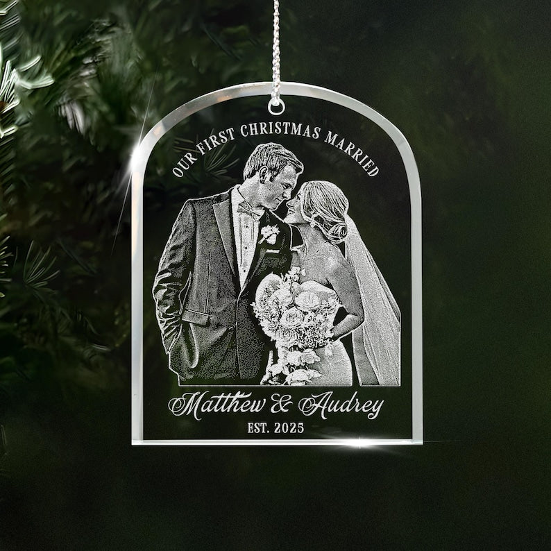 An elegant newlywed Christmas ornament, the Personalized Couple Photo Christmas Ornament is a unique personalized glass ornament.