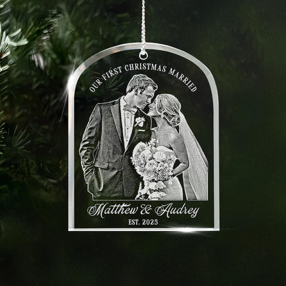 An elegant newlywed Christmas ornament, the Personalized Couple Photo Christmas Ornament is a unique personalized glass ornament.