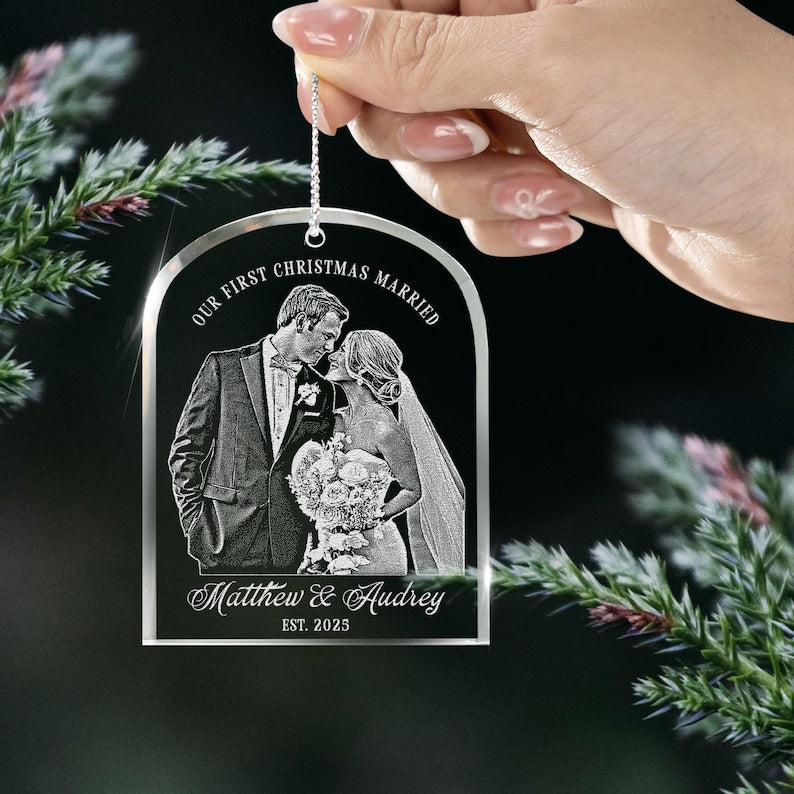 Close-up of a Custom First Christmas Married Ornament, a thoughtful first Christmas married ornament and marriage gift for newlyweds.