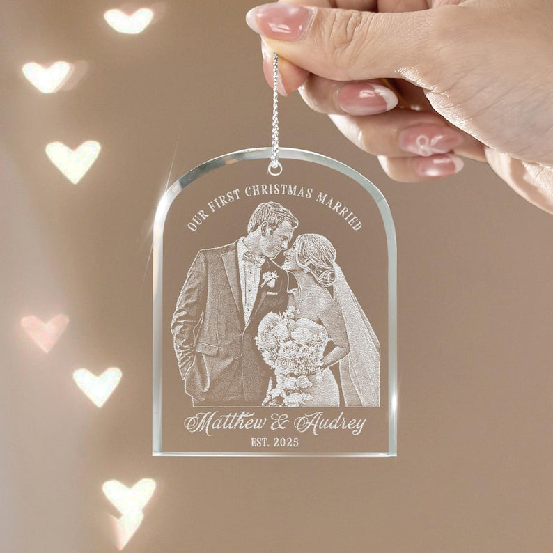 The perfect bridal shower gift, this Personalized Couple Photo Christmas Ornament is a beautiful engraved Christmas ornament and wedding ornament.