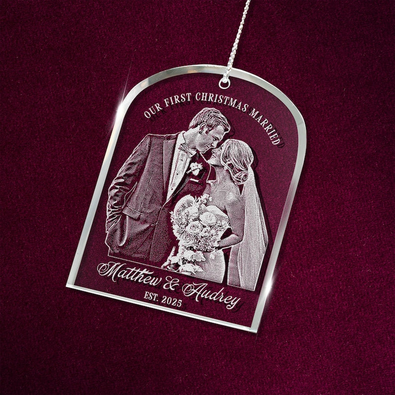Custom First Christmas Married Ornament, a personalized glass ornament and cherished newlywed Christmas ornament for a couple's first holiday.