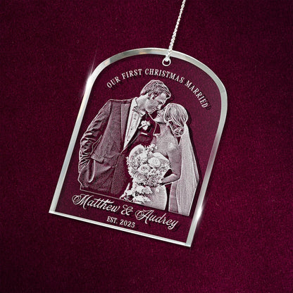 Custom First Christmas Married Ornament, a personalized glass ornament and cherished newlywed Christmas ornament for a couple's first holiday.