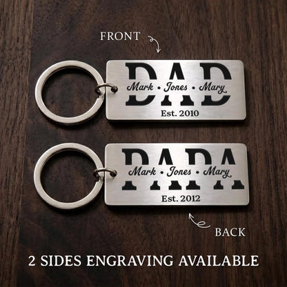 Personalized engraved keychains with a custom dad keychain design, a sweet gift for dad from kids and new babies.