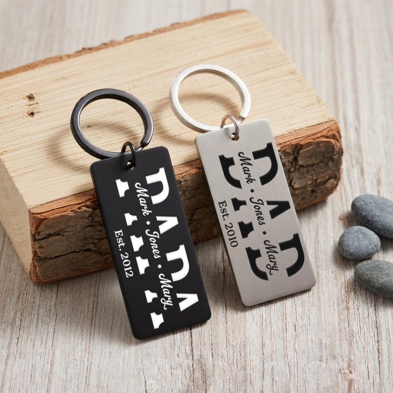 Laser engraved keychain and custom engraved keychains in premium metal, a thoughtful dad to be gift and gift for expecting dads.