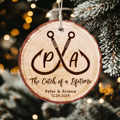 A Personalized Fishing Wedding Wooden Ornament, a unique custom couple ornament for newlyweds who love to fish.