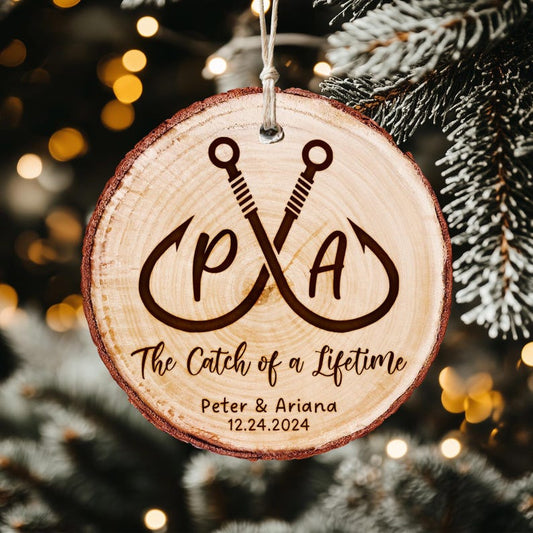 A Personalized Fishing Wedding Wooden Ornament, a unique custom couple ornament for newlyweds who love to fish.