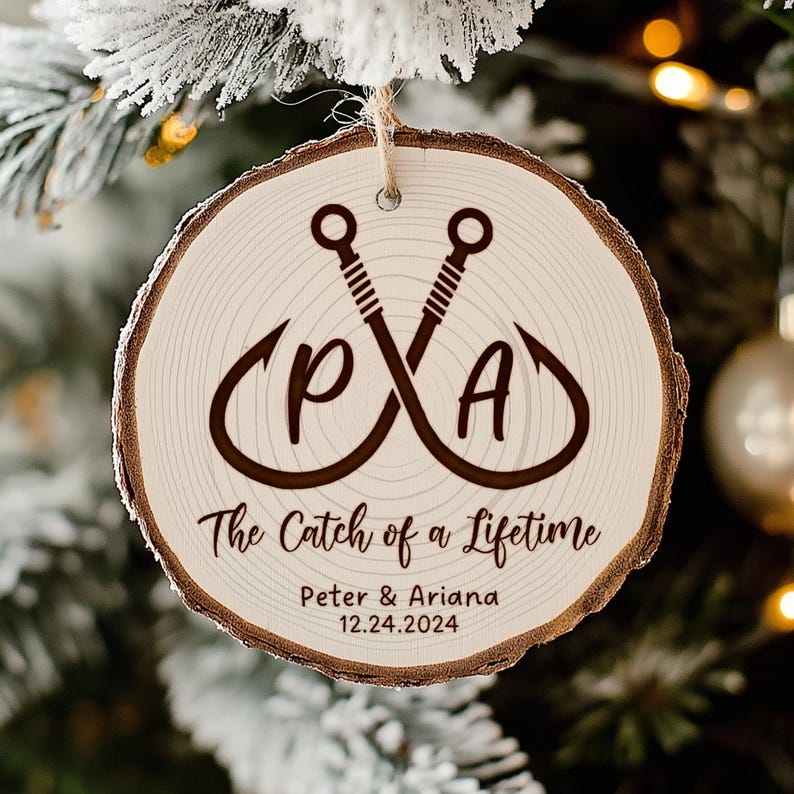 This custom fishing ornament, a Personalized Fishing Wedding Wooden Ornament, makes a great personalized fishing gift for couples.