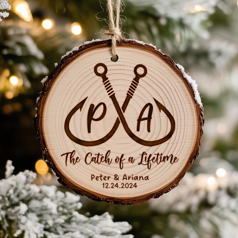 A close-up of an engraved Personalized Fishing Wedding Wooden Ornament, a beautiful personalized wooden ornament with a fishing theme.