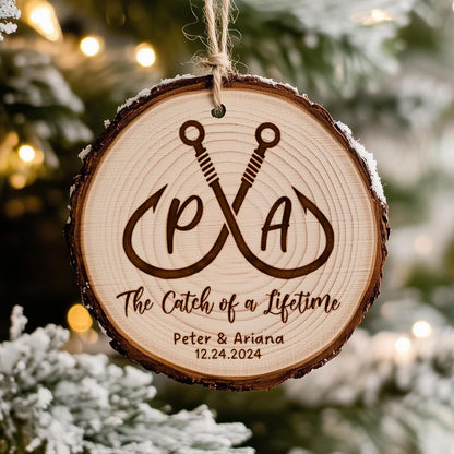 A close-up of an engraved Personalized Fishing Wedding Wooden Ornament, a beautiful personalized wooden ornament with a fishing theme.