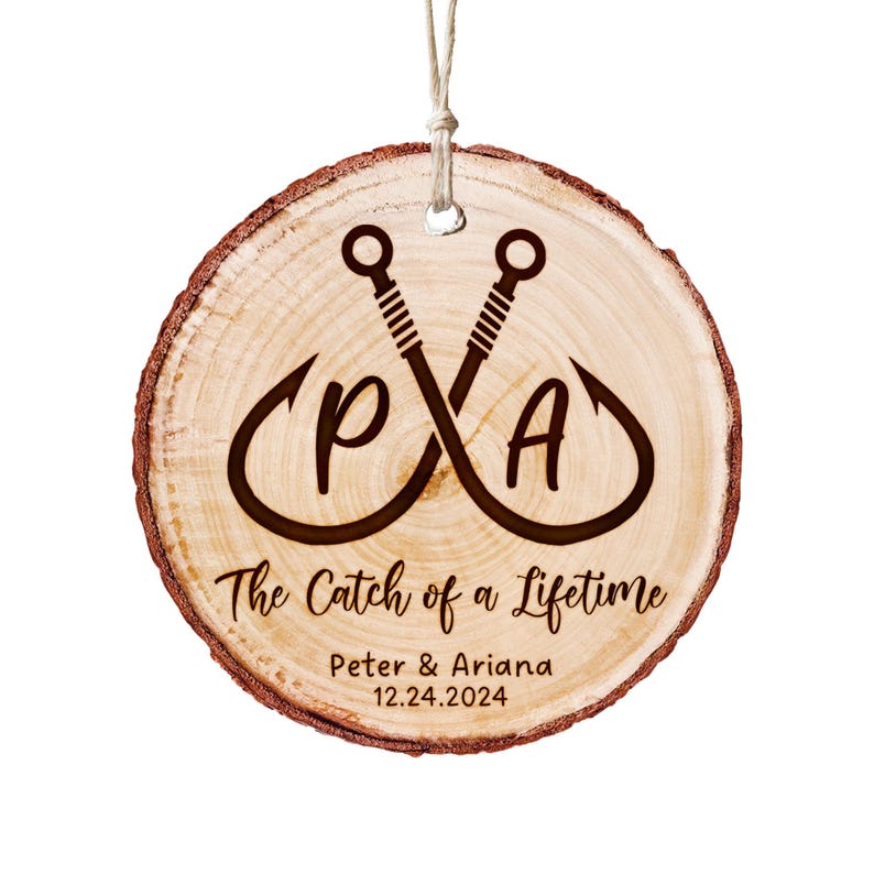 A lasting personalized fishing gift, this Personalized Fishing Wedding Wooden Ornament serves as a unique couple's ornament.