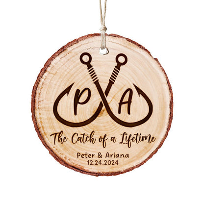 A lasting personalized fishing gift, this Personalized Fishing Wedding Wooden Ornament serves as a unique couple's ornament.