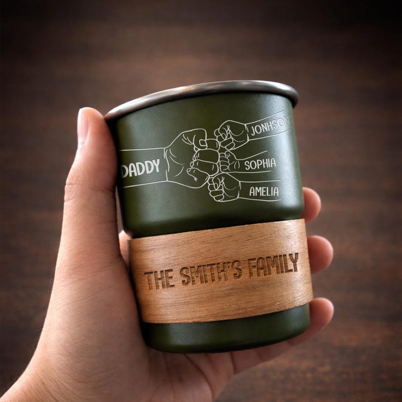 Personalized fist bump camping mug, a unique custom camp mug and engraved Father's Day gift for dad.