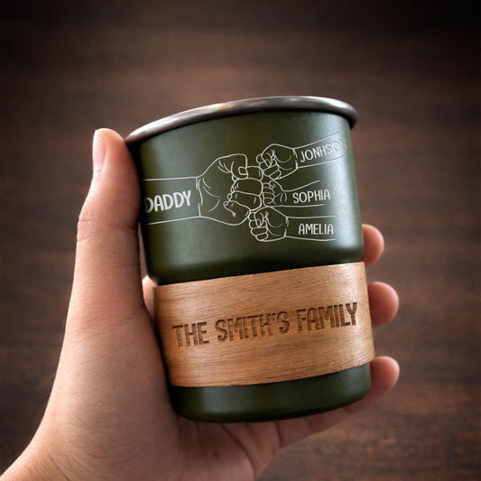 Personalized fist bump camping mug, a unique custom camp mug and engraved Father's Day gift for dad.