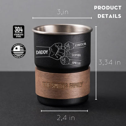 Engraved camping mugs with a custom fist bump design, an ideal Father's Day camping gift for outdoor dads.
