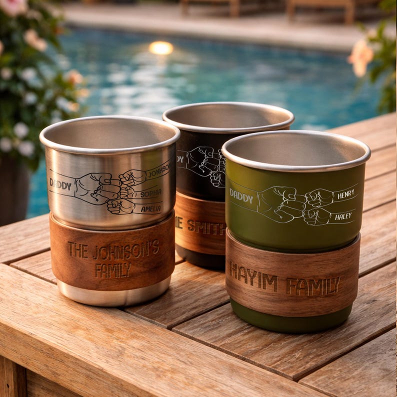 Custom campfire mugs and engraved travel cups, featuring a personalized fist bump design for soon to be dads.